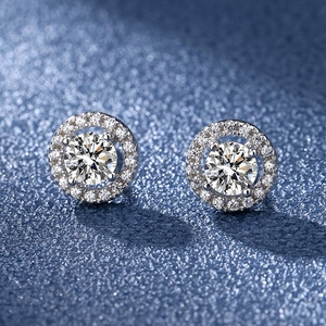 Elegant 925 silver halo stud earrings with round brilliant cut stones on blue background