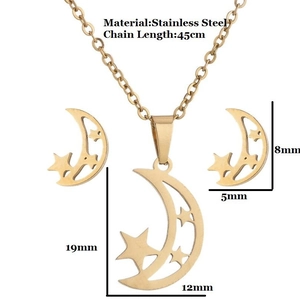 Parure de bijoux étoile et lune en acier inoxydable doré avec collier de 45cm et boucles