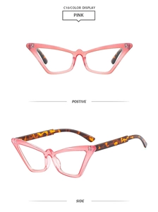 Detail view of pink cat-eye sunglasses with tortoiseshell temples from front and side angles