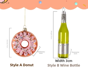 Detail of pink donut and green wine bottle glass ornaments with colorful sequins