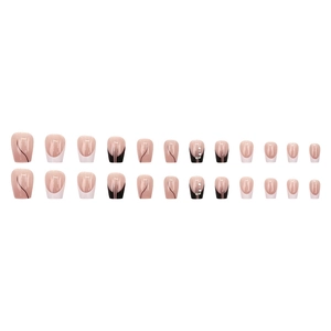 French tip press-on nails with black abstract lines and rhinestones, 24 pieces set