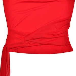 Close-up detail of red mesh top featuring twisted waist pleats and side tie ribbons