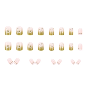 Short square press-on nails with green bamboo leaf gradient and minimalist gold line design
