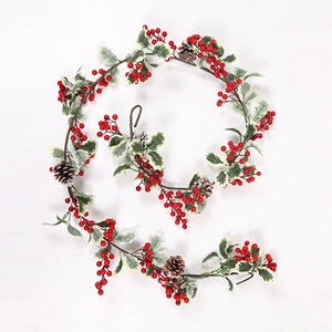 Guirlande De Noël Artificielle Avec Baies Rouges Pommes De Pin Feuilles Bord Blanc Pour Décoration De Fête Rotin Suspendu