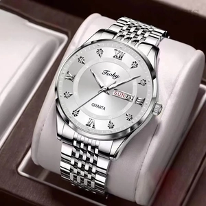 Detailed macro view of silver quartz watch dial with Roman numerals and day-date display