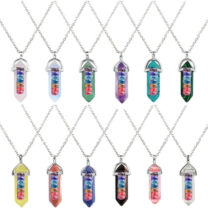 Macro view of twelve hexagonal crystal necklaces with colorful碎石 and silver chains
