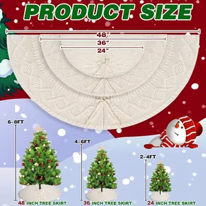 White knitted Christmas tree skirt set in three sizes for trees from two to eight feet