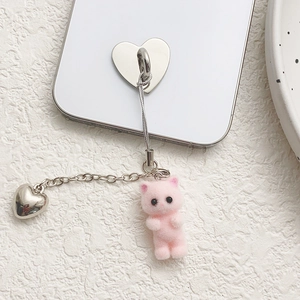 Cute Y2K pink flocked kitten phone strap with silver heart chain and heart pendant