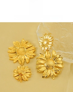 Detail view of sunflower drop earrings featuring high-quality 18K vacuum gold plating finish