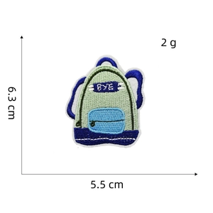 Detailed embroidery patch showing a blue backpack with BYE text and size 6.3x5.5cm