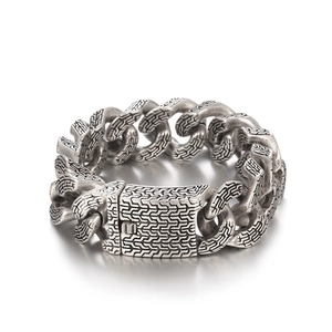 Vintage punk silver trident engraved stainless steel Cuban chain bracelet for men