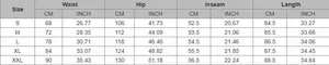Detailed size chart for women's high-waisted linen trousers showing CM and INCH measurements