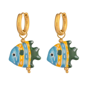 Detailed close-up of colorful enamel koi fish earrings with gold-toned hoops on white background