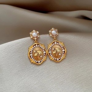 Vintage Palace Ginkgo Leaf Drop Earrings Zircon Imitation Artificial Pearl Flower Studs With Silver Earring Post Gold Plated