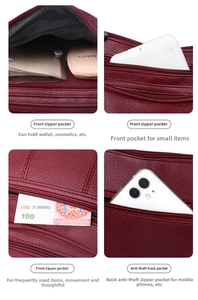 Detailed view of burgundy leather bag compartments and multiple functional zipper pockets