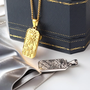Vintage Stainless Steel Rectangular Pendant Tarot Sun Sunflower Rose Embossed DIY Jewelry Making Charms 18K Gold Plated