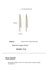 Detailed technical view showing 9.4cm long zircon tassel earrings with silver needle specs