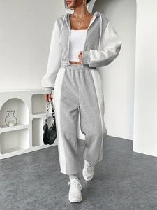 Women Contrast Color Hooded Zip Up Sweatshirt And High Waist Cuffed Joggers Casual Sporty Tracksuit Polyester