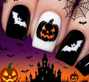 Macro view of Halloween press-on nails featuring Jack-o'-lantern and bat patterns