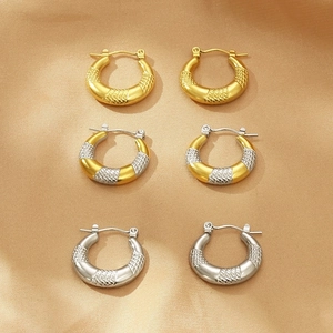 Stainless Steel Hoop Earrings 18K Gold Plated U Shaped Retro Snake Skin Texture French Style Jewelry For Women