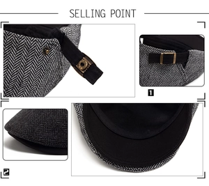 Detail view of herringbone flat cap featuring adjustable metal buckle and woven texture