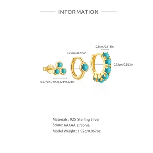 Detailed dimensions of S925 sterling silver turquoise stud and hoop earring set for women