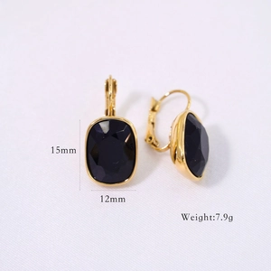 Detailed view of 14K gold-plated hoop earrings with large black square crystals and measurements