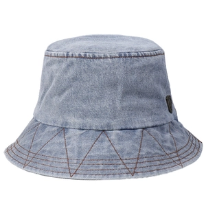 Classic light blue denim bucket hat with geometric brown stitching and metal shield detail