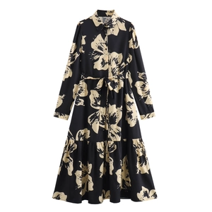 Women Long Sleeve Floral Print Shirt Dress Lapel Belted High Waist Elegant Commuter Style Maxi Dress