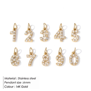 Set of 10 gold stainless steel 8mm number pendants with shimmering cubic zirconia