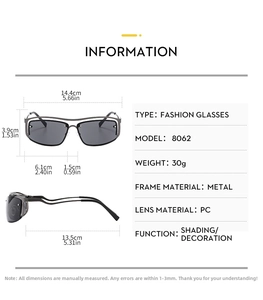 Detailed technical specification and dimensions chart for Y2K metal frame sunglasses