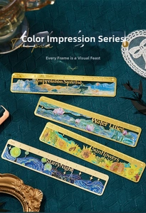 Detailed view of four artistic metal bookmarks featuring famous oil painting motifs