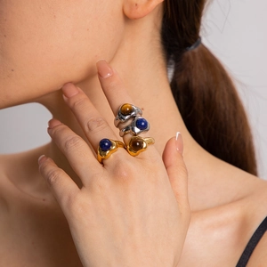 Bagues cœur en acier inoxydable plaqué or 18 carats avec pierres œil de tigre colorées