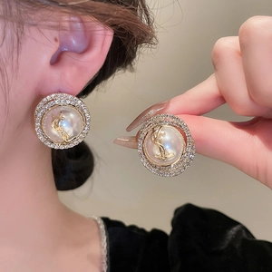 Elegant vintage round stud earrings with faux pearl center and sparkling rhinestone trim