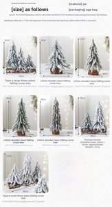 Size chart showing PE mini snow Christmas trees with wooden bases and dimensions