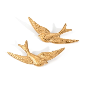 Vintage stainless steel swallow earrings in golden finish with detailed bird wing design