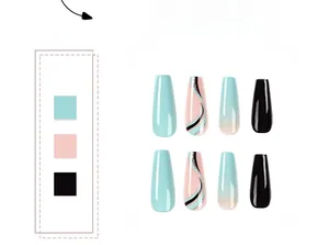 Detail view of long coffin press on nails featuring blue, black, and mint wave patterns