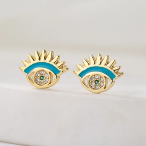 Orecchini geometrici a lobo occhio del diavolo in oro con smalto blu e zirconi