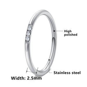 Minimalist 2.5mm silver stainless steel ring with three inset diamonds and high polish