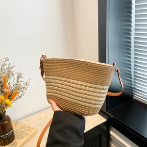 Straw Woven Bucket Bag Striped Shoulder Crossbody Bag With Adjustable Leather Strap Summer Beach Holiday Style For Women