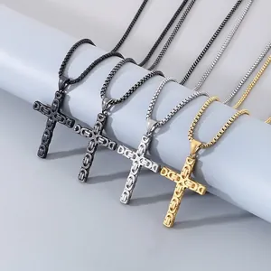 Cross Pendant Necklace Stainless Steel Byzantine Box Chain Punk Vintage Hip Hop Style Men Jewelry