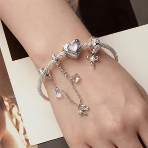 S925 sterling silver bow charm bracelet featuring moonlight stones and romantic pendants