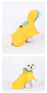 Dettagli dell'impermeabile giallo per cani con strisce riflettenti e bordo blu