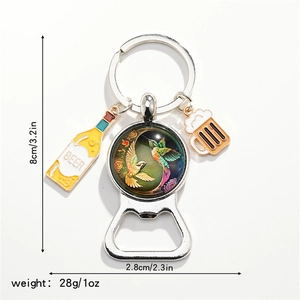 Detail view of hummingbird keychain with beer charms and bottle opener dimensions