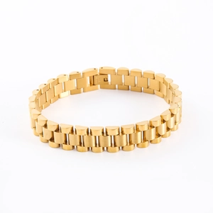 Detail of gold-plated stainless steel watchband link bracelet with folding clasp
