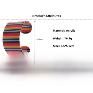 Detailed specs of acrylic striped open cuff bracelet with dimensions and weight info