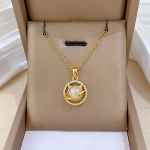 Titanium steel cat necklace featuring a gold finish with opal stone and sparkling cubic zirconia