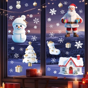 Detailed Christmas window stickers featuring 3D Santa, snowman, and tree in a cozy home setting