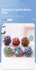 Detail of owl resin figurines set featuring embedded natural crystal stones for decor