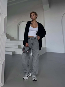 Wide Leg Jeans Women Washed Grey Cotton High Waist Loose Fit Retro High Street Straight Denim Trousers Floor Length